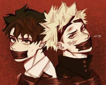 2boys bakugou_katsuki blonde_hair boku_no_hero_academia collared_shirt commentary freckles gag gagged green_eyes highres improvised_gag looking_at_viewer male_focus midoriya_izuku multiple_boys potatozzchipzz red_background red_eyes scar scar_on_face shirt short_hair spiked_hair tape tape_gag