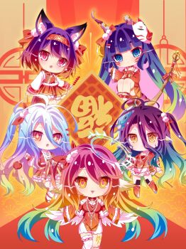 Rule 34 | 5girls, :p, android, angel, angel wings, animal ear fluff, animal ears, bird ears, blue eyes, blue hair, breasts, chibi, chinese clothes, chinese new year, commentary request, cross, feathered wings, gradient hair, halo, hatsuse izuna, highres, horou (no game no life), jibril (no game no life), large breasts, long hair, looking at viewer, low wings, magic circle, multicolored eyes, multicolored hair, multiple girls, no game no life, open mouth, orange eyes, pink hair, purple hair, robot ears, shiro (no game no life), short hair, shuvi (no game no life), smile, spiked halo, tail, tattoo, tongue, tongue out, very long hair, white wings, wing ears, wings, yellow eyes, yoimachiyomi