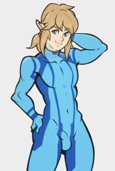 1boy arm_behind_head blonde_hair blue_eyes bulge cosplay erection erection_under_clothes hand_on_own_hip highres link looking_at_viewer metroid nintendo pointy_ears ponytail samus_aran_(cosplay) skin_tight splashbrush the_legend_of_zelda zero_suit