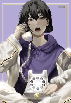 1girl antique_phone black_eyes black_hair blackbox_(blackbox9158) bob_cut candy crossed_ankles feet_out_of_frame food han_sooyoung highres holding holding_candy holding_food holding_lollipop holding_phone hood hood_down hoodie jacket lollipop looking_to_the_side mole mole_under_eye omniscient_reader&#039;s_viewpoint open_mouth pants phone purple_hoodie short_hair sitting solo sweatpants talking_on_phone third-party_source white_jacket