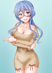 Rule 34 | 1girl, anti (untea9), arms under breasts, blue eyes, blue hair, blush, breasts, cleavage, collarbone, commentary request, covered navel, cowboy shot, dress, glasses, gotland (kancolle), hair between eyes, highres, kantai collection, long hair, long sleeves, looking at viewer, medium breasts, mole, mole under eye, open mouth, ponytail, short dress, smile, solo, v, yellow dress