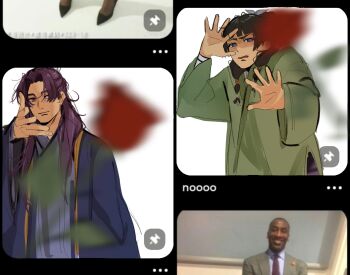 Rule 34 | 1boy, 1girl, bandaged wrist, bandages, beads, black border, blue eyes, blue ribbon, blunt bangs, blurry, blurry foreground, border, bun cover, chinese clothes, closed mouth, commentary, derivative work, flower, furrowed brow, green hair, green shirt, hair beads, hair bun, hair ornament, hair ribbon, half updo, hetero, highres, jeweldraw, jinshi (kusuriya no hitorigoto), kusuriya no hitorigoto, long hair, maomao (kusuriya no hitorigoto), meme, outstretched hand, parted bangs, pink eyes, purple hair, red flower, red rose, ribbon, robe, rose, shirt, symbol-only commentary, upper body, white background, woe plague be upon ye (meme)