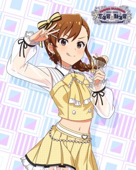 Rule 34 | 1girl, belt, black ribbon, bow, braid, brown eyes, brown hair, buttons, crop top, cup, dessert, earrings, floating hair, food, frilled bow, frilled skirt, frills, futami mami, game cg, hair bow, hair ornament, hairclip, heart, heart belt buckle, holding, holding cup, holding food, ice cream, idolmaster, idolmaster (classic), idolmaster million live!, idolmaster million live! theater days, jewelry, long hair, long sleeves, midriff, miniskirt, navel, necklace, official alternate costume, official alternate hairstyle, official art, pearl necklace, puffy long sleeves, puffy sleeves, ribbon, see-through clothes, see-through sleeves, shirt, single earring, skirt, solo, star (symbol), star earrings, striped clothes, swept bangs, v, wafer stick, white belt, yellow bow, yellow shirt, yellow skirt
