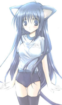 1girl animal_ears black_hair black_thighhighs blush buruma cat_ears cat_tail female_focus gym_uniform kyuukon long_hair name_tag outstretched_hand simple_background solo tail thighhighs very_long_hair white_background