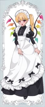 1girl :d absurdres alternate_costume apron black_dress blonde_hair border dress enmaided flandre_scarlet floral_border flower full_body gotoh_(nekocat) grey_border highres juliet_sleeves long_dress long_hair long_sleeves looking_at_viewer maid maid_headdress nail_polish open_mouth pointy_ears puffy_sleeves red_eyes red_nails rose scan smile solo standing third-party_source touhou white_apron white_background wings