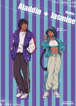 1boy 1girl absurdres aladdin_(disney) aladdin_(movie) alternate_costume black_hair brown_eyes casual commentary_request contemporary dark-skinned_female dark_skin earrings highres jasmine_(disney) jewelry long_hair looking_at_viewer mizala pants smile sweater very_long_hair