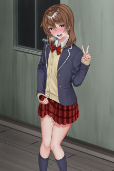 Rule 34 | 1boy, absurdres, after ejaculation, anonymous crossdresser, blue cardigan, blush, bow, bowtie, brown eyes, brown hair, building, bulge, cardigan, collared shirt, commentary request, crossdressing, crossdressing (mtf), cum, cum in clothes, cum on body, cum on legs, cum on male, ejaculation under clothes, erection, erection under clothes, feet out of frame, hair between eyes, hand up, heavy breathing, highres, karasu (jjwh2832), legs, looking at viewer, male focus, male masturbation, masturbation, masturbation through clothes, miniskirt, open mouth, original, outdoors, public indecency, red bow, red bowtie, red skirt, school uniform, shirt, skirt, solo, standing, teeth, thighs, trap, v