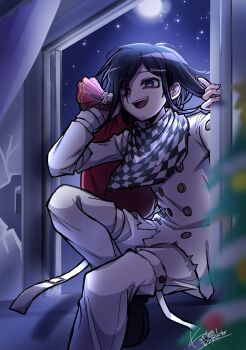 Rule 34 | 1boy, absurdres, black hair, buttons, checkered clothes, checkered scarf, christmas, christmas tree, climbing, commentary, curtains, danganronpa (series), danganronpa v3: killing harmony, flipped hair, hair between eyes, highres, holding, holding sack, kujira pyon ka, long sleeves, looking at viewer, male focus, medium hair, moon, multicolored buttons, night, oma kokichi, open mouth, open window, pants, pinky out, purple eyes, purple hair, ringed eyes, sack, scarf, short hair, signature, sky, smile, solo, star (sky), starry sky, thigh strap, twitter username, two-tone scarf, window