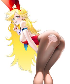 1girl animal_ears ass blonde_hair blue_eyes breasts earrings highres jewelry large_breasts long_hair looking_at_viewer luunamito md5_mismatch panty_&amp;_stocking_with_garterbelt panty_(psg) pantyhose playboy_bunny rabbit_ears resolution_mismatch simple_background smile solo source_larger thighs third-party_edit torn_clothes torn_pantyhose white_background