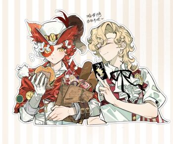 2boys :t ascot black_ribbon burger closed_eyes coldrex8 cropped_torso curly_hair florian_brand florian_brand_(spirit_fox) food frilled_ascot frills gloves hair_intakes hat highres holding holding_burger holding_food identity_v jacket male_focus mole mole_under_mouth mullet multicolored_hair multiple_boys neck_ribbon official_alternate_costume red_hair red_scarf ribbon richard_sterling richard_sterling_(mentor_k) scarf shirt single_glove smile striped_background symbol-shaped_pupils translation_request two-tone_hair wavy_hair white_ascot white_gloves white_hair white_hat white_jacket white_shirt yellow_eyes