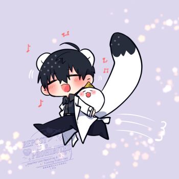 1boy animal_ears biyoo_(omniscient_reader&#039;s_viewpoint) black_hair black_shirt carrying closed_eyes coat collared_shirt commentary double-parted_bangs english_commentary grin hair_between_eyes highres kemonomimi_mode kim_dokja kimidori_22 male_focus mouse_ears mouse_tail musical_note omniscient_reader&#039;s_viewpoint open_clothes open_coat popped_collar running shirt short_hair smile solo tail white_coat