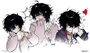 1boy bandage_on_face bandages bite_mark black_hair blood blush collar collared_shirt degrees_of_lewdity gauze gauze_on_cheek green_eyes hand_on_another&#039;s_cheek hand_on_another&#039;s_face hand_on_own_chin hickey highres holding implied_masturbation jacket koinurin kylar_(degrees_of_lewdity) kylar_(male)_(degrees_of_lewdity) looking_at_viewer makeup messy_hair nosebleed open_mouth pulling_own_clothes runny_makeup shirt short_hair smile solo sweater upper_body white_background