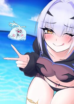 Rule 34 | 1girl, absurdres, bikini, black shrug, blue sky, blush, breasts, cernunnos (fate), commentary request, fate/grand order, fate (series), forked eyebrows, high ponytail, highres, jewelry, licking lips, long hair, long sleeves, looking at viewer, mcpc zamurai, melusine (fate), melusine (swimsuit ruler) (fate), melusine (swimsuit ruler) (first ascension) (fate), navel, ocean, one eye closed, ponytail, shrug (clothing), sidelocks, sky, small breasts, smile, stomach tattoo, swimsuit, tattoo, thighlet, thighs, tongue, tongue out, v, white hair, yellow eyes