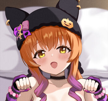 1girl animal_ears choker commentary_request convenient_censoring drill_hair fingerless_gloves fuyumisakura gloves hat horse_ears horse_girl long_hair looking_at_viewer low_twintails mayano_top_gun_(rockin'_mewmeow)_(umamusume) mayano_top_gun_(umamusume) official_alternate_costume official_alternate_hairstyle orange_hair paw_pose pumpkin_hat_ornament smile solo topless_female twintails umamusume