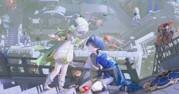 1girl 6+boys architecture armlet armor bare_shoulders black_bodysuit black_footwear black_kimono black_shorts black_sleeves black_socks black_veil bloomers blue_cape blue_eyes blue_hair blue_hat blue_sleeves blunt_ends bodysuit bracelet bridal_gauntlets cape clenched_hands clone cross-shaped_pupils detached_sleeves dress dterl east_asian_architecture facing_up feathers genshin_impact gold gold_trim gradient_hair green_cape green_eyes green_hair green_skirt green_sleeves hair_ornament hakama hakama_shorts half_crown_braid han&#039;eri hand_on_another&#039;s_head hand_on_ground hand_on_own_chest hat head_down highres japanese_armor japanese_clothes jewelry jingasa kariginu kimono kneeling kote kurokote layered_clothes layered_kimono layered_sleeves leaf leaf_hair_ornament leg_warmers long_sleeves looking_at_another mid-stride middle_eastern_architecture mitsudomoe_(shape) multicolored_hair multiple_boys multiple_persona nahida_(genshin_impact) neck_ring o-ring open_clothes open_hand open_hands open_kimono open_mouth outstretched_arm pants pleated_shorts pointy_ears pom_pom_(clothes) purple_rope purple_sash purple_sleeves red_hat red_kimono rope sandals sash scaramouche_(genshin_impact) scaramouche_(kabukimono)_(genshin_impact) short_sleeves shorts side_ponytail sidelocks sitting skirt socks stirrup_footwear stirrup_legwear symbol-shaped_pupils toeless_footwear toeless_legwear toes tomoe_(symbol) underwear unworn_headwear upside-down veil walking wanderer_(genshin_impact) wariza white_bloomers white_dress white_hair white_kimono white_leg_warmers white_mouth white_pants white_sleeves white_trim wide_sleeves bracelet yellow_feathers zouri