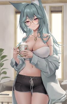1girl animal_ear_fluff animal_ears aqua_hair aqua_jacket bare_shoulders black_shorts bra breasts cleavage closed_mouth collarbone commentary controller covered_groin cup dolphin_shorts front-tie_shorts glasses gold_necklace hair_intakes hands_up head_tilt heart heart_necklace highres hiyori_(meridian_project) holding holding_cup illian-san indoors jacket jewelry large_breasts light_blush light_particles long_hair long_sleeves looking_at_viewer meridian_project mug navel necklace off_shoulder pink_eyes plant potted_plant remote_control semi-rimless_eyewear short_shorts shorts sidelocks slit_pupils smile solo standing steaming_cup stomach strap_slip swept_bangs table thighs underwear very_long_hair virtual_youtuber white_bra window wolf_ears wolf_girl wooden_floor yellow-framed_eyewear