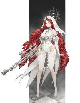 Rule 34 | 1girl, absurdres, bare shoulders, bone, border, breast curtains, breasts, checkered floor, clip studio paint (medium), closed mouth, commentary, cross, detached sleeves, english commentary, expressionless, full body, garter straps, gun, halo, highleg, highleg leotard, highres, holding, holding gun, holding weapon, large breasts, leotard, long hair, looking at viewer, mole, mole under eye, nun headdress, original, red eyes, red hair, rifle, ringlets, shoes, sniper rifle, solo, standing, thighhighs, trigger discipline, very long hair, weapon, white border, white leotard, white shoes, white sleeves, white thighhighs, wooyoomokmin
