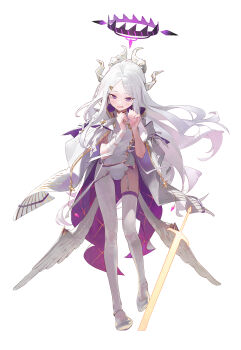 1girl ahoge alternate_costume black_halo blue_archive breasts demon_girl demon_horns energy_sword garter_straps halo highres hina_(blue_archive) horns leotard long_hair low_wings modare multiple_horns open_mouth pantyhose parted_bangs purple_eyes purple_garter_straps purple_halo small_breasts solo sword thighhighs weapon white_hair white_horns white_leotard white_pantyhose white_thighhighs white_wings wings