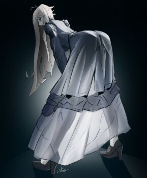 1girl absurdres ass bent_over black_shoes blonde_hair commentary crunchytoast33 dress english_commentary frilled_dress frills full_body grey_dress high_heels highres layered_dress long_hair long_sleeves original pale_color pale_skin see-through_clothes see-through_dress shoes solo split_mouth standing