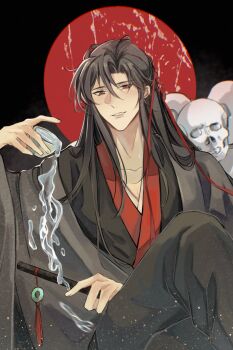 Rule 34 | 1boy, ahoge, alcohol, black background, black hair, black hanfu, chenqing flute, chinese clothes, choko (cup), coat, commentary request, crossed legs, cup, dizi, fia (fialoveice), flute, flute tassel, grey coat, hair down, hair ribbon, half updo, hanfu, highres, holding, holding cup, holding flute, holding instrument, instrument, liquid, liquor, long hair, long sleeves, looking at viewer, male focus, modao zushi, moon, night, official alternate costume, official alternate hairstyle, open clothes, open coat, parted lips, pouring, pouring onto self, red eyes, red moon, red ribbon, ribbon, robe, sidelocks, sitting, skull, smile, solo, tassel, transverse flute, water, wei wuxian, wei wuxian (yiling laozu)