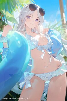 1girl azur_lane bad_source bikini breasts collarbone enterprise_(azur_lane) eyewear_on_head highres large_breasts long_hair navel official_art purple_eyes solo stomach sunglasses swim_ring swimsuit thighs white_bikini white_hair