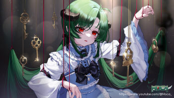 1girl arm_up black_bow blush bow commentary_request dress frilled_dress frills green_hair highres indie_virtual_youtuber key kokko_(kokko3045) korean_commentary long_hair long_sleeves mochahyeong parted_lips puppet_strings red_eyes upper_body