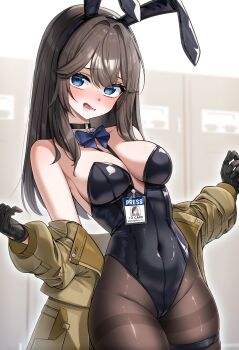 1girl animal_ear_hairband animal_ears bare_shoulders black_choker black_gloves black_hairband black_leotard black_pantyhose black_survival blue_eyes breasts brown_hair brown_jacket choker commentary_request covered_navel eternal_return:_black_survival fake_animal_ears gloves hair_between_eyes hairband highres id_card jacket korean_commentary large_breasts leotard martina_(black_survival) moonb3702 name_tag pantyhose playboy_bunny rabbit_ear_hairband rabbit_ears solo thighband_pantyhose