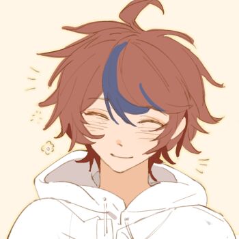 Rule 34 | 1boy, ^ ^, ahoge, blue eyes, chinese commentary, closed eyes, closed mouth, commentary request, drawstring, facing viewer, happy aura, hood, hood down, hoodie, jacket, jacket over hoodie, male focus, multicolored hair, partially colored, red hair, short hair, simple background, smile, solo, streaked hair, sumino takumi, tangruo haiyou fanxing, the hundred line -last defense academy-, two-tone hair, yellow background