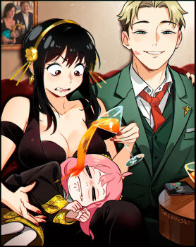 Rule 34 | 1boy, 3girls, adoptive parent and adoptive child, anya (spy x family), artist name, black dress, black hair, black nails, blazer, blonde hair, blue eyes, blurry, breasts, cellphone, closed eyes, closed mouth, cocktail glass, collarbone, collared shirt, commentary, cup, curtained hair, dress, dress shirt, drinking glass, eden academy school uniform, english commentary, green jacket, green vest, grin, hairband, half-closed eyes, highres, holding, holding cup, indoors, jacket, large breasts, long hair, looking at another, looking at viewer, multiple girls, nail polish, necktie, phone, photo-referenced, photo (object), red eyes, red nails, red necktie, school uniform, shirt, sidelocks, smartphone, smile, snegovski, spilling, spy x family, twilight (spy x family), v-shaped eyebrows, vest, white shirt, yor briar