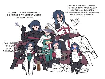 1boy 5girls ? beard_stubble black_eyes black_hair blonde_hair cigarette couch covered_face crossed_legs dating english_text facial_hair facial_mark food forehead_mark full_body gestalt_(signalis) hand_up harem height_difference highres holding holding_cigarette indian_style janitor japvs jumpsuit knees_up kolibri_(signalis) looking_at_another looking_to_the_side looking_up mechanical_arms mechanical_legs medium_hair multiple_girls no_feet on_couch open_mouth popcorn robot_girl short_hair signalis simple_background sitting smoke smoking spread_legs star_(signalis) storch_(signalis) stubble talking telepathy thermos wariza white_background