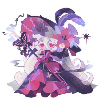 Rule 34 | 1girl, absurdly long hair, black flower, black hat, black overskirt, bright pupils, candle, chibi, chibi only, closed mouth, colored eyelashes, colored skin, commentary, cookie run, cookie run: kingdom, curly hair, dot mouth, dot nose, double-parted bangs, dress, elbow gloves, film grain, flower, frilled dress, frills, full body, gloves, grey skin, grey veil, hair between eyes, hair flower, hair ornament, hat, hat feather, highres, holding, holding staff, long dress, long hair, long hair between eyes, looking at viewer, red dress, red eyes, red flower, red gloves, red rose, reed, rose, see-through clothes, see-through veil, simple background, slit pupils, solo, sparkle, staff, standing, symbol-only commentary, veil, very long hair, white background, white eyelashes, white hair, white lily cookie, white lily cookie (veil of mourning), white pupils