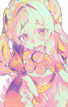 Rule 34 | 1girl, absurdres, apron, blue e84, corin wickes, double-parted bangs, from above, hair intakes, hair ornament, highres, limited palette, long hair, looking at viewer, maid, maid apron, maid headdress, open mouth, raised inner eyebrows, screw hair ornament, solo, sweatdrop, twintails, wavy mouth, wrist cuffs, zenless zone zero