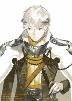 1boy alternate_costume black_coat black_pants cape coat collared_cape grey_eyes hand_on_own_hip highres horns long_sleeves looking_to_the_side male_focus metaphor:_refantazio pants shirt sideways_glance simple_background solo strohl_(metaphor:_refantazio) turtleneck upper_body white_background white_cape white_hair yellow_shirt yosora