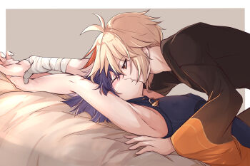 2boys armpits bandaged_hand bandages border commentary_request covered_erect_nipples genshin_impact kaedehara_kazuha kiss lying multicolored_hair multiple_boys on_back purple_hair red_eyes red_hair scaramouche_(genshin_impact) streaked_hair tank_top white_border yaoi yashiro_175