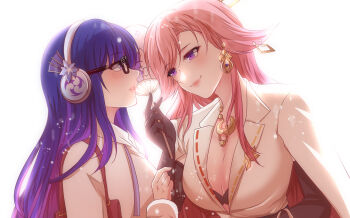 2girls alternate_costume black_gloves breasts cleavage closed_mouth commentary contemporary electro_symbol_(genshin_impact) english_commentary enjelicious genshin_impact glasses gloves headphones highres jacket large_breasts long_hair multiple_girls pale_skin parted_lips pink_eyes pink_hair pink_lips purple_eyes purple_hair raiden_shogun smile white_hair white_jacket yae_miko yuri