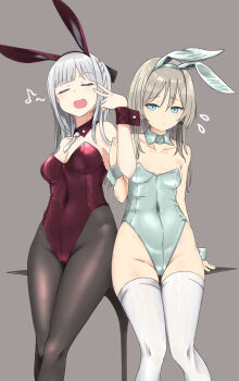 2girls absurdres ak-12_(girls&#039;_frontline) an-94_(girls&#039;_frontline) animal_ears bare_shoulders blue_eyes blue_leotard breasts cleavage closed_eyes collarbone commentary_request covered_navel detached_collar expressionless fake_animal_ears feet_out_of_frame girls&#039;_frontline grey_background grey_hair highleg highleg_leotard highres holding_another&#039;s_arm large_breasts leaning_on_table leotard looking_at_viewer multiple_girls open_mouth pantyhose playboy_bunny rabbit_ears red_leotard simple_background smile strapless strapless_leotard table thighhighs v white_thighhighs wrist_cuffs zafuri_(yzrnegy)