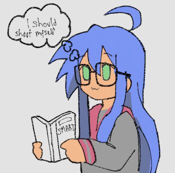 Rule 34 | 1girl, blue hair, female focus, glasses, green eyes, grey background, highres, izumi konata, lucky star, meme, school uniform, solo, speech bubble, squidmiku , thought bubble