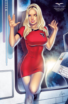 1girl black_hairband black_shoes blonde_hair blue_eyes breasts copyright_logo cosplay crossover dress elias_chatzoudis english_text hairband heterochromia highres large_breasts logo long_hair looking_at_viewer pantyhose planet red_dress red_lips robyn_locksley scar scar_across_eye scar_on_face shoes short_sleeves signature solid_eye solo spacecraft_interior star_trek white_pantyhose window yellow_eyes zenescope