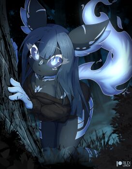 1girl animal_ear_fluff animal_ears animal_nose artist_name bent_over black_fur black_sweater blue_eyes blue_fur blue_hair blue_sclera blush body_fur bottomless breasts bright_pupils bush closed_mouth colored_eyelashes colored_sclera dark drawstring expressionless eyelashes female_focus forest furry furry_female grass hands_up hood hooded_sweater kneeling leaning_forward light_blush long_hair long_sleeves looking_at_viewer medium_breasts nature night off_shoulder original outdoors patreon_logo patreon_username rilex_lenov sidelocks solo sweater tail thick_thighs thighs tree two-tone_fur watermark web_address white_pupils