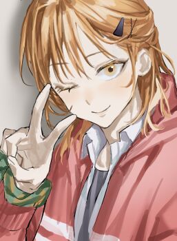 1boy absurdres androgynous baek_eunyung brown_hair chamuring closed_mouth eyelashes grey_background hair_ornament hairclip hashtag-only_commentary highres jacket long_hair long_sleeves looking_at_viewer male_focus no_home_(manhwa) one_eye_closed red_jacket short_hair smile solo trap upper_body v