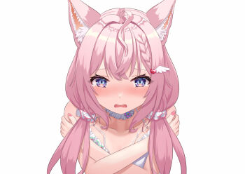 1girl ahoge alternate_breast_size_(smaller) animal_ear_fluff animal_ears bare_shoulders bikini blue_eyes blush braid braided_bangs collarbone commentary_request covering_breasts covering_privates double-parted_bangs embarrassed eyelashes eyes_visible_through_hair fingernails furrowed_brow hair_between_eyes hair_ornament hair_scrunchie hakui_koyori hakui_koyori_(summer) hands_on_own_arms heart heart_hair_ornament highres hololive long_hair low_twintails nose_blush official_alternate_costume official_alternate_hairstyle open_mouth peanut_mouth pink_hair pink_nails scrunchie self_hug simple_background single_braid solo straight-on swimsuit tearing_up twintails upper_body white_background white_bikini white_scrunchie wing_hair_ornament wolf_ears wolf_girl yoshi_yubisashi