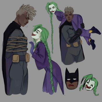 1boy 1girl batman batman_(cosplay) batman_(series) black_gloves bodysuit braid cape clown cosplay dark-skinned_male dark_skin dc_comics dreadlocks ekko_(league_of_legends) eye_contact facepaint formal_clothes gloves green_hair grin highres jacket jinx_(league_of_legends) joker_(dc)_(cosplay) long_hair long_sleeves looking_at_another makeup mask mellow_146 pants profile shirt simple_background smile suit superhero_costume the_joker twin_braids twintails