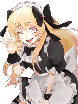 1girl ;d apron artist_request black_ribbon blonde_hair chaos_marie_(grimms_notes) fingernails grimms_notes hair_ribbon long_hair looking_at_viewer maid one_eye_closed open_mouth pink_eyes pink_nails ribbon smile solo source_request white_apron
