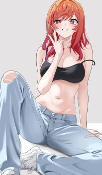 1girl absurdres alternate_costume bare_shoulders black_tank_top blush breasts cleavage crop_top fingernails gradient_hair grey_pants grin highres hololive hololive_dev_is ichijou_ririka inward_v large_breasts leg_up long_hair looking_at_viewer midriff multicolored_hair navel orange_eyes orange_hair orange_nails oz1n pants pink_hair shoes sitting smile sneezing solo spread_legs strap_slip tank_top teeth torn_clothes torn_pants v virtual_youtuber white_shoes