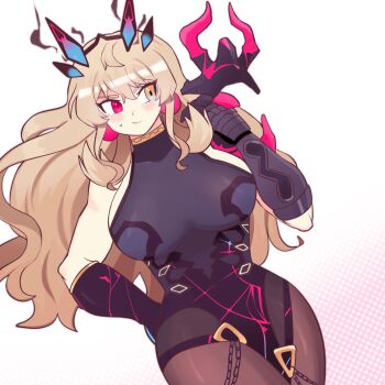 1girl avalon_le_fae_(fate/grand_order) barghest_(fate) barghest_(second_ascension)_(fate) black_bodysuit blonde_hair blush bodysuit breasts brown_pantyhose chirosamu closed_mouth commentary_request dutch_angle eyelashes fate/grand_order fate_(series) hand_on_own_hip heterochromia highres large_breasts long_hair pantyhose pink_eyes simple_background smile solo sweatdrop v-shaped_eyebrows white_background yellow_eyes