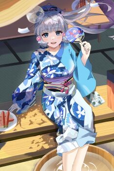 1girl alternate_costume architecture ayaka_(genshin_impact) blue_eyes blue_hair blue_kimono breasts bucket commentary_request east_asian_architecture feet_out_of_frame floating_hair food fruit genshin_impact hair_ornament hand_fan hand_up highres holding holding_fan japanese_clothes kimono long_hair looking_at_viewer looking_up medium_breasts mole mole_under_eye obi obiage obijime open_mouth plate ponytail print_kimono sash sitting sitting_on_stairs smile soaking_feet solo stairs table tatami teeth upper_teeth_only water watermelon watermelon_slice x70rvnhxlo80993