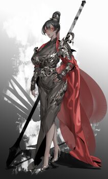1girl absurdres armor black_hair breasts cape dress fingerless_gloves full_body gloves hair_bun hand_on_own_hip high_heels highres large_breasts looking_at_viewer mature_female original polearm red_cape sensitive shan3143311380 shoulder_armor single_hair_bun solo standing weapon yellow_eyes
