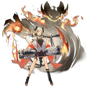 Rule 34 | 1girl, :d, arknights, black boots, blonde hair, boots, breasts, canister, choker, cloak, dress, female focus, fire, flamethrower, flat chest, full body, gas tank, gradient hair, grey dress, grey hair, gun, hand up, holding, holding behind back, holding flamethrower, holding gun, holding weapon, holding weapon behind back, horns, ifrit (arknights), leg strap, looking at viewer, low twintails, multicolored hair, nail polish, norizc, official art, open-toe boots, open mouth, orange eyes, orange nails, parted bangs, short dress, sidelocks, slit pupils, smile, solo, striped clothes, striped dress, tachi-e, tail, thigh strap, toenail polish, toenails, tongue, tongue out, transparent background, twintails, weapon, white cloak