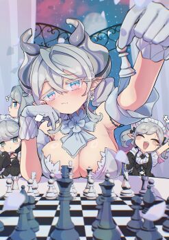 4girls absurdres arianna_the_labrynth_servant arianne_the_labrynth_servant arias_the_labrynth_butler blue_eyes board_game breasts butler c_civciv chess chess_piece cleavage crossdressing_(ftm) demon_girl demon_horns demon_wings dress drill_hair duel_monster female_butler gloves green_eyes grey_eyes grey_hair highres holding holding_chess_piece horns large_breasts looking_at_viewer lovely_labrynth_of_the_silver_castle maid maid_headdress monocle multiple_girls open_mouth pink_wings pointy_ears smile twin_drills twintails white_dress white_hair wings yu-gi-oh!