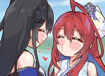 2girls ahoge bare_shoulders black_hair blue_hair blurry blurry_background blush_stickers breasts chibi closed_eyes demon_horns elizabeth_rose_bloodflame fox_mask heart highres hololive hololive_english horns kukie-nyan large_breasts long_hair mask mask_on_head multicolored_hair multiple_girls nerissa_ravencroft red_hair two-tone_hair upper_body virtual_youtuber yuri